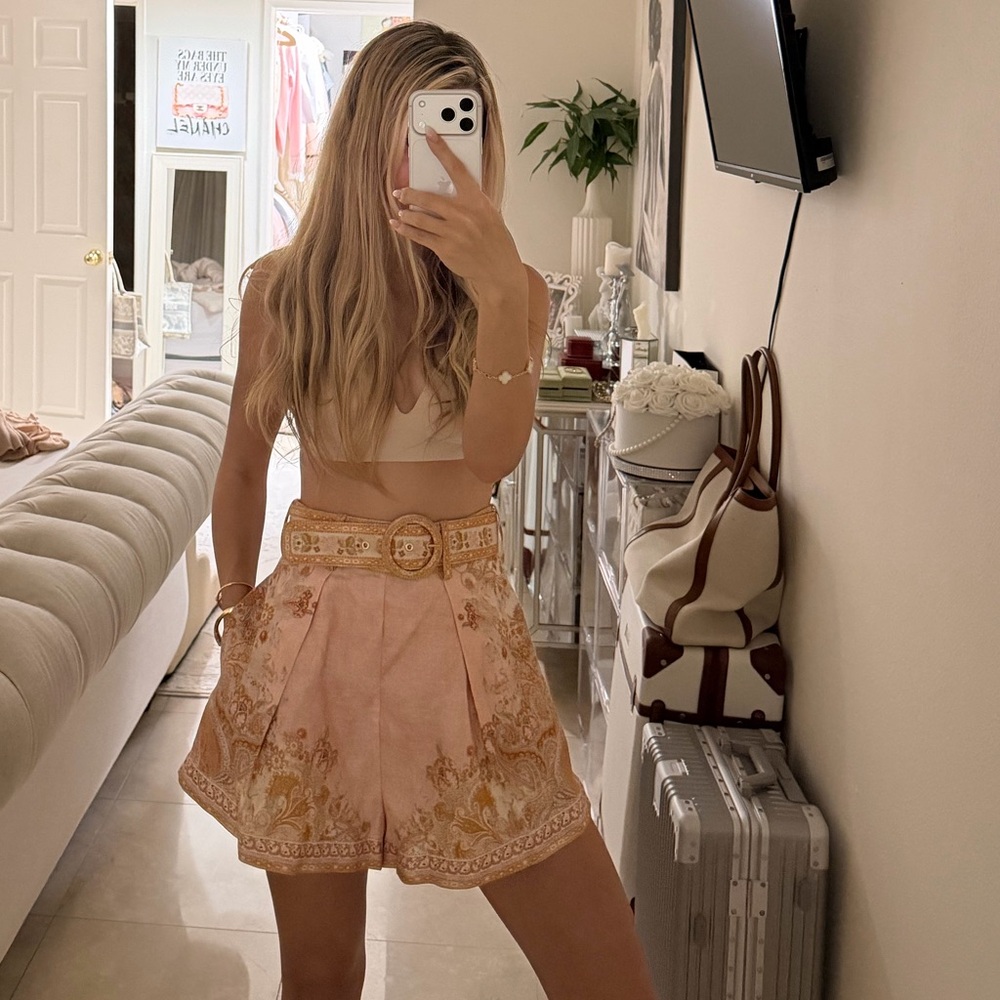 Zimmermann Peach and Gold Patterned Shorts